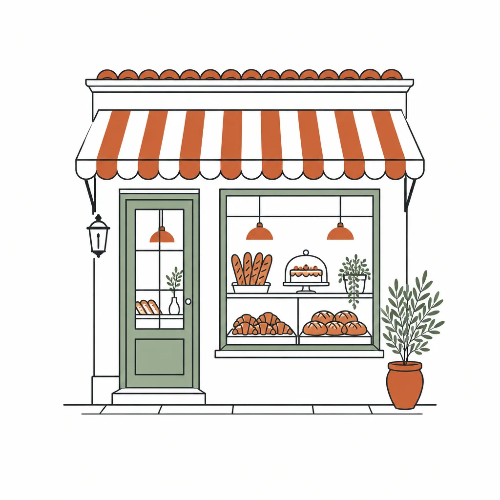 Drawing of a small bakery with a striped awning and bread in the window