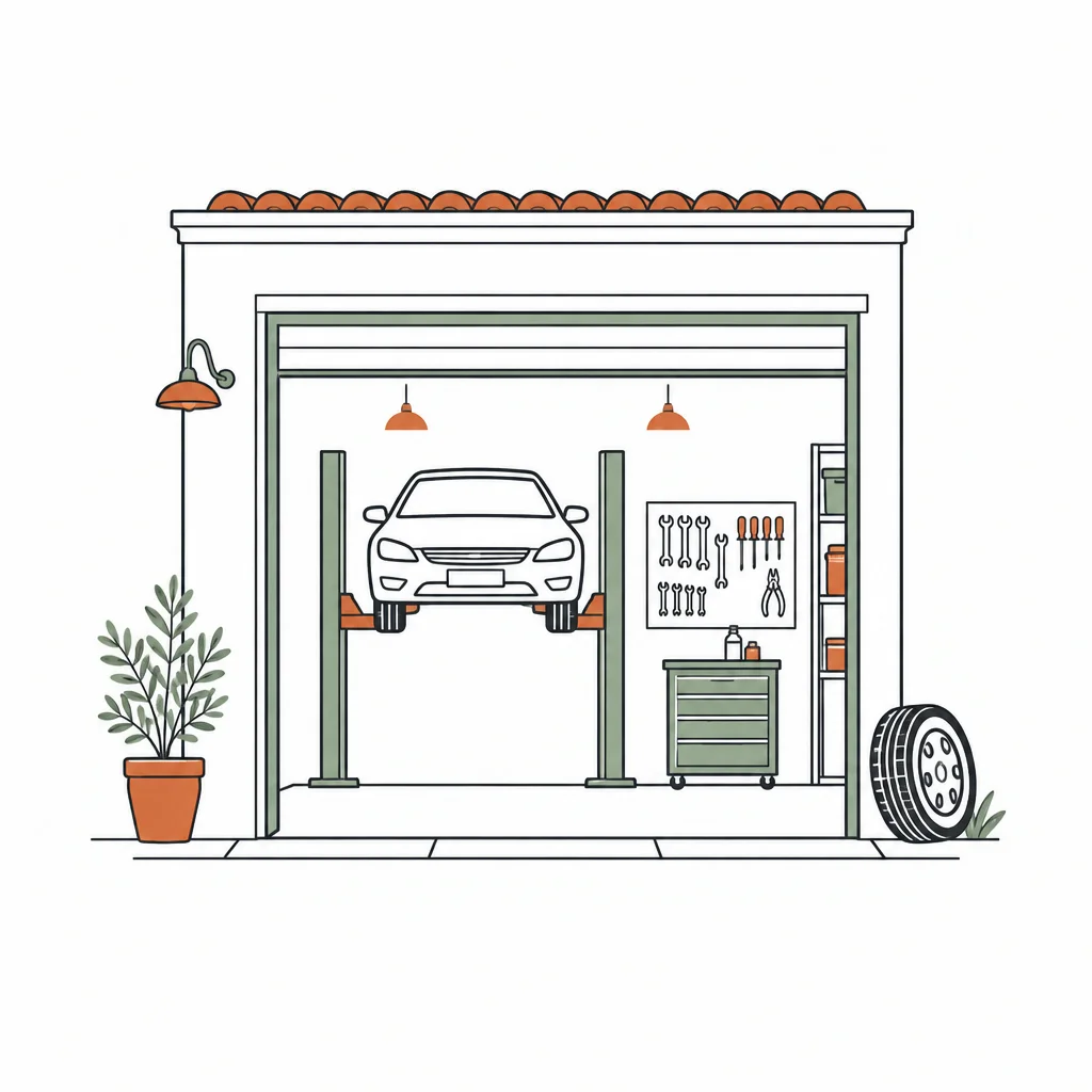 Drawing of a car repair workshop with a car on a lift