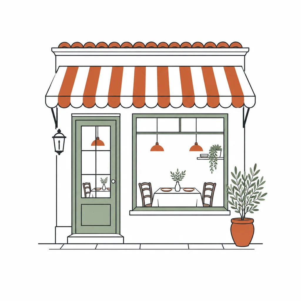 Drawing of a small restaurant with tables by the window
