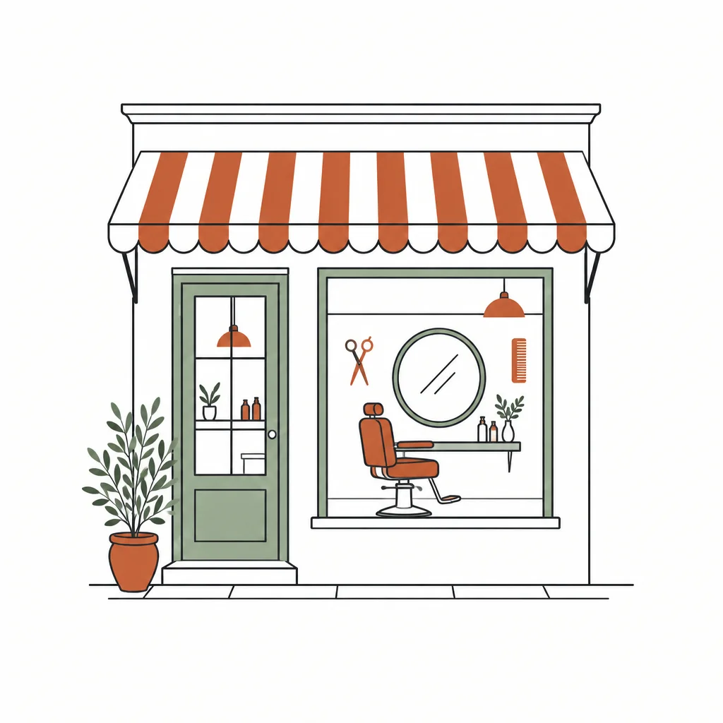 Drawing of a hair salon front with a chair and mirrors